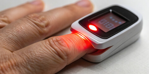 Patient monitoring oxygen saturation during drug development clinical trials. An oximeter provides vital health data showing concern for medical research and safe treatment