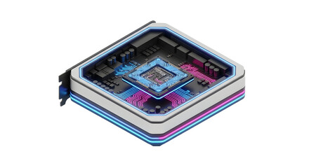 Futuristic Computer Chip with Neon Lights and Circuitry in Square Design