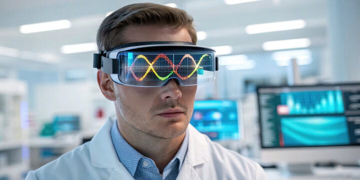 Serious scientist advances drug development through clinical trials using augmented reality glasses. holographic interface displays complex data in modern research laboratory