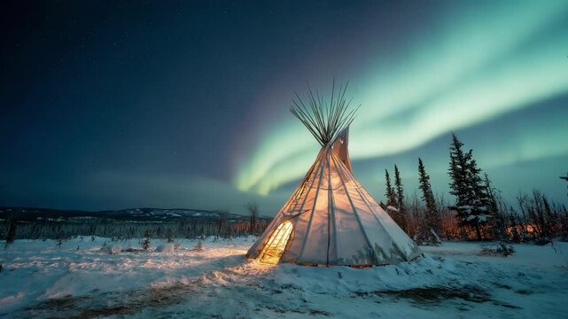 A warm-lit tipi on snow at night, with the northern lights illuminating the sky and pine trees in the distance.