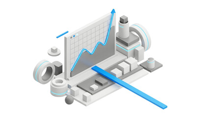 Futuristic Data Analysis Visualization with Line Graph and Digital Elements in White Blue Tone