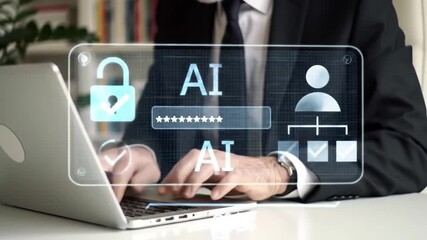 Businessman in Suit Typing AI Password on Laptop with Digital Interface - Powered by Adobe