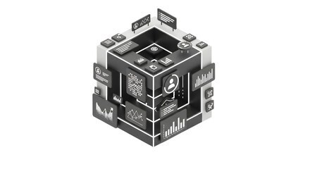 Futuristic Data Analytics Cube with Graphs Charts and Digital Icons in Black and White