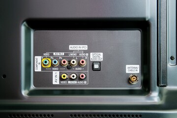 Connecting panel to external devices input output video and audio signals behind of LED television
