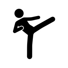 Stickman martial arts kick pose icon. Man practicing karate taekwondo kung fu silhouette. Fighting action kick symbol. Sports training, self defense, exercise, athlete, workout vector illustration.