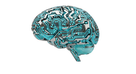 Futuristic Digital Brain Model with Circuitry in Blue and Silver Tones