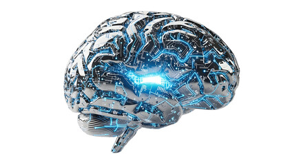 Futuristic Digital Brain with Blue Circuitry and Light Effects in Grey Background