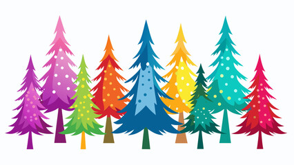 Vector art of a festive array of colorful christmas trees stands against an, bringing holiday cheer to any design with vibrant hues