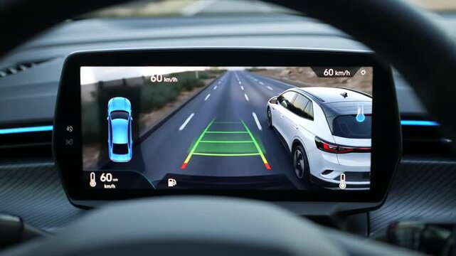 Car Reverse Camera Display Showing White Car and Green Trajectory Lines
