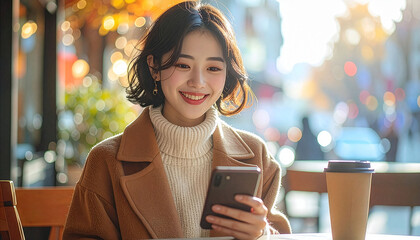 Smiling young woman using smartphone at outdoor cafe in autumn