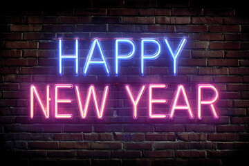 Bright neon sign wishes you a happy new year, perfect for festive greetings, seasonal promotions, and holiday marketing campaigns to celebrate new beginnings