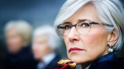 Confident senior woman with stylish glasses urban setting portrait photography focused expression empowerment theme