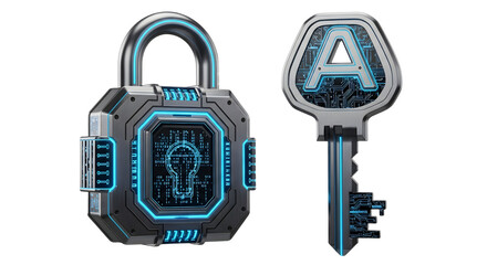 Futuristic Digital Lock and Key with Cybersecurity Theme in Blue and Gray