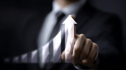 Businessman touching white chart and upward arrow icon, AI generated