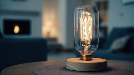 Captivating vintage Edison bulb desk lamp glows warmly on a textured surface, casting a cozy ambiance within a modern, dimly lit living space, perfect for creating inviting atmosphere.