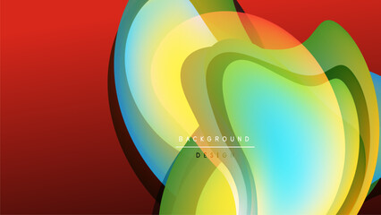 Abstract vibrant layers create flowing form. Colors blend, offering dynamic visual experience. Background is dark red, black.