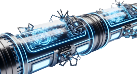 Futuristic High-Tech Machinery with Blue Digital Interface and Robotic Components