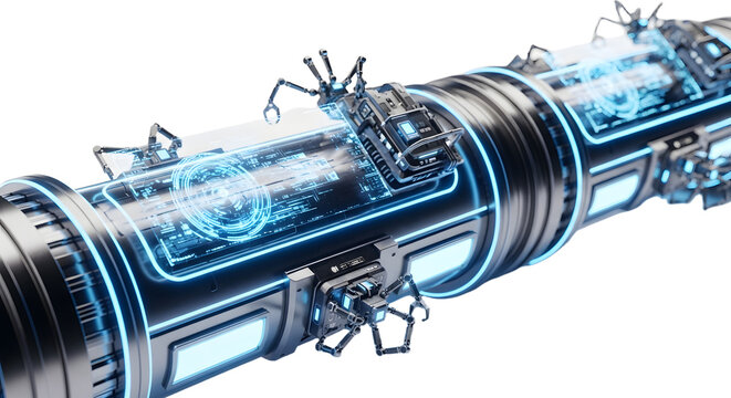 Futuristic High-Tech Machinery with Blue Digital Interface and Robotic Components