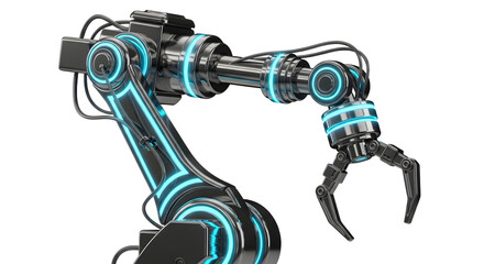 Futuristic Industrial Robot Arm with Claw in Dark Metallic Style with Blue Neon Highlights