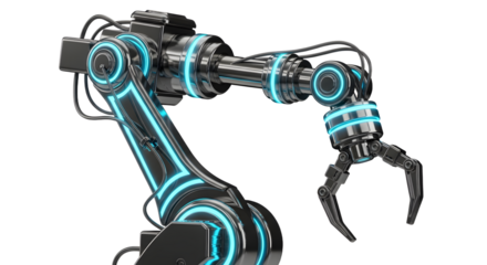 Futuristic Industrial Robot Arm with Claw in Dark Metallic Style with Blue Neon Highlights