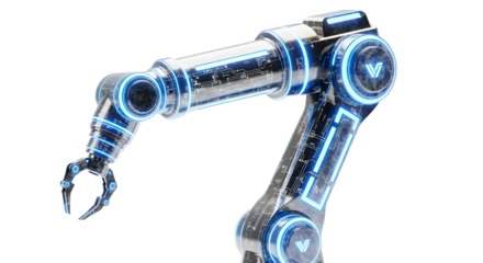 Futuristic Industrial Robot Arm with Mechanical Claw and Blue LED Lights