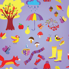 Autumn cute seamless pattern - design with trees, leaves, fruits, clothes