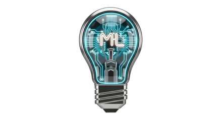 Futuristic Light Bulb with ML Circuitry and Neon Blue Glow in Digital Style