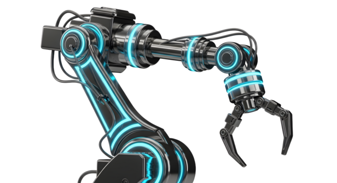 Futuristic Industrial Robot Arm with Claw in Dark Metallic Style with Blue Neon Highlights