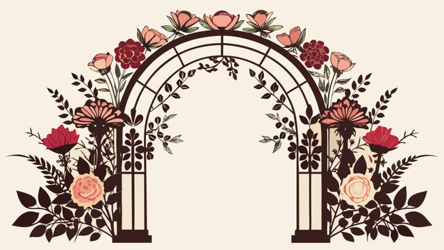 Vector art of elegant floral archway adorned with roses, leaves, and botanical elements for wedding invitations and decorations