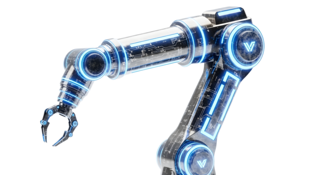 Futuristic Industrial Robot Arm with Mechanical Claw and Blue LED Lights