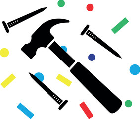 Black silhouette vector pattern of a claw hammer and metal nails scattered with abstract colorful geometric shapes and confetti, representing construction, celebration, home improvement, and creative.