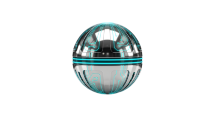 Futuristic Metallic Sphere with Blue Circuitry and Glowing Lines in High Tech Design