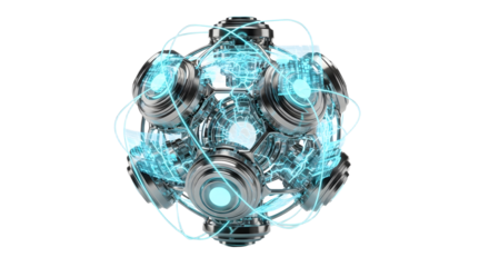Futuristic Metallic Sphere with Glowing Blue Circuitry and Connected Nodes Highlighting Advanced Technology