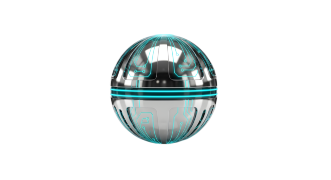 Futuristic Metallic Sphere with Blue Circuitry and Glowing Lines in High Tech Design