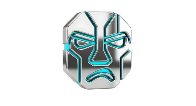 Futuristic Metallic Mask with Neon Blue Facial Lines on White Background