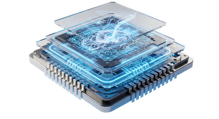 Futuristic Microchip with Digital Circuitry and Glowing Blue Data Flow