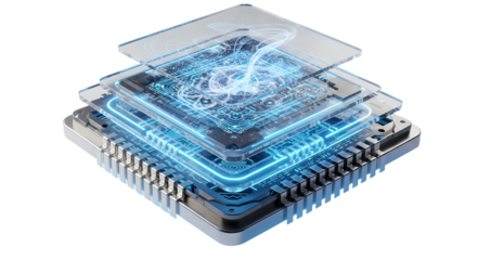 Futuristic Microchip with Digital Circuitry and Glowing Blue Data Flow