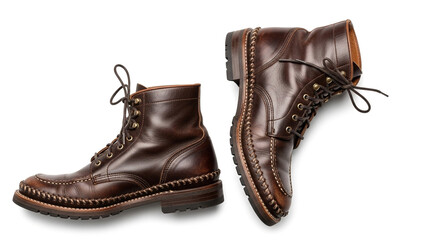 Pair of brown leather boots isolated on white background stylish footwear for men fashionable and durable shoes for outdoor activities and everyday wear