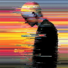 A striking image depicting a profile silhouette overlaid with colorful glitch effects, representing transformation and chaos.