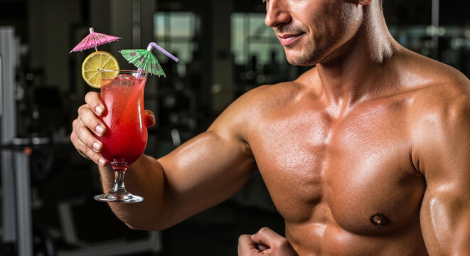 Fit man enjoying colorful cocktail with umbrella in gym setting