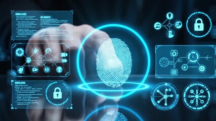 A digital fingerprint scan on a futuristic interface showcases advanced cybersecurity technology. - Powered by Adobe