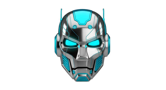 Futuristic Robot Mask with Blue Lights and Metallic Surface for Technology and Gaming Themes