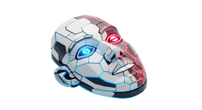 Futuristic Robot Mask with Neon Lights in White Background