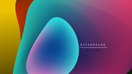 Abstract fluid shapes overlap, creating vibrant color gradients. Dark background emphasizes bright hues, modern design element.