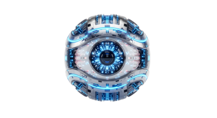 Futuristic Sci-Fi Robot Eye with Blue Lights and Metallic Details in Digital Style