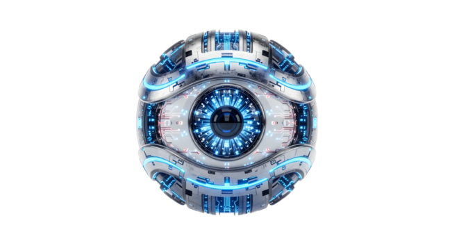 Futuristic Sci-Fi Robot Eye with Blue Lights and Metallic Details in Digital Style