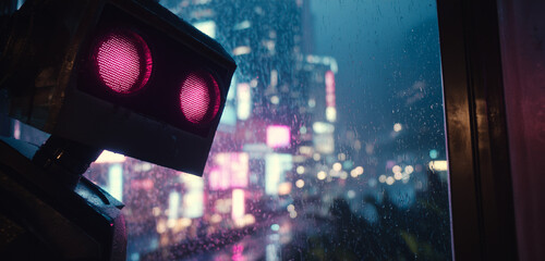 A charming robot gazes out over a bustling neon cityscape, capturing the essence of technology amidst urban life’s vibrancy.