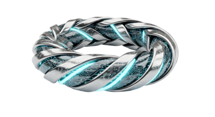 Futuristic Silver Circuitry Ring with Blue LED Lights Representing Technology and Innovation