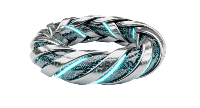 Futuristic Silver Circuitry Ring with Blue LED Lights Representing Technology and Innovation - Powered by Adobe