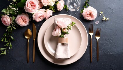 Elegant table setting with pink roses on a dark top